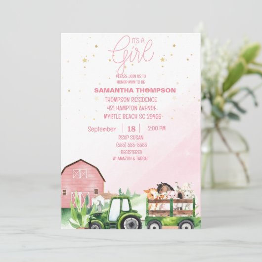 Groene tractor Roze Baby shower voor landbouwhuisd Kaart (Staand voorkant)