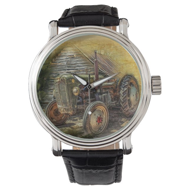  groene tractor Rustic Old Barn Horloge (Voorkant)