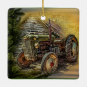 groene tractor Rustic Old Barn Keramisch Ornament (Achterkant)