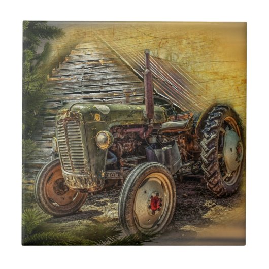 groene tractor Rustic Old Barn Tegeltje (Voorkant)