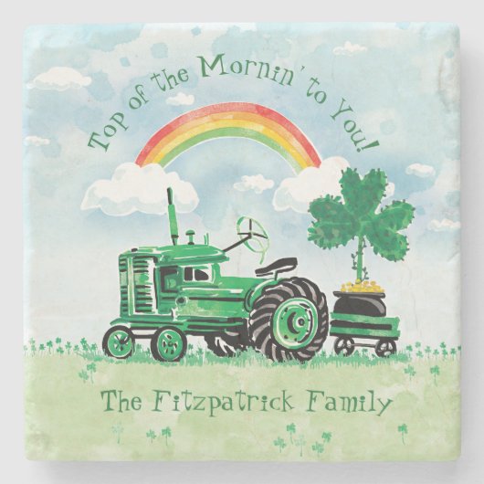 groene tractor Shamrock Voeg familienaam toe Stenen Onderzetter (Voorkant)