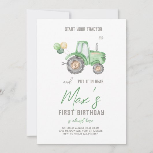 Groene Tractor thema Verjaardag uitnodiging (Voorkant)