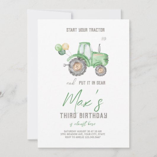 Groene Tractor thema Verjaardag uitnodiging (Voorkant)