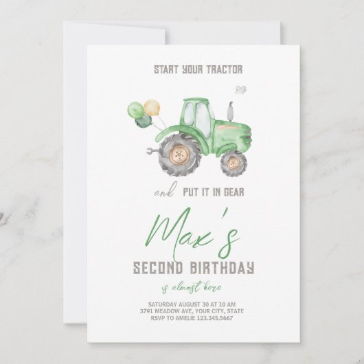 Groene Tractor thema Verjaardag uitnodiging (Voorkant)