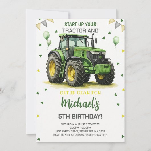 Groene tractor thema verjaardagsfeestje kaart (Voorkant)