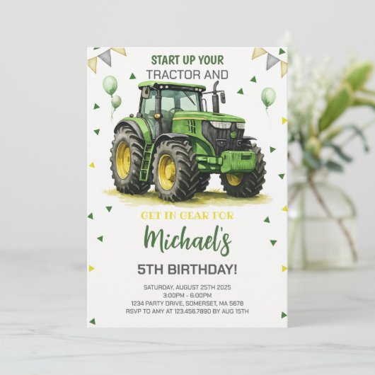 Groene tractor thema verjaardagsfeestje kaart (Staand voorkant)