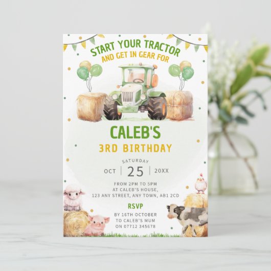 Groene tractor verjaardagsfeest uitnodiging Boerde (Staand voorkant)