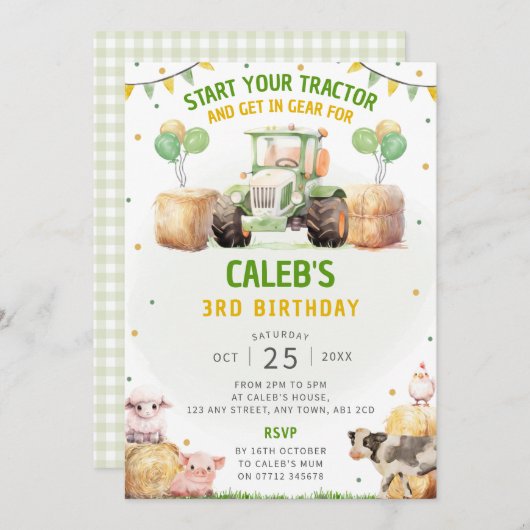 Groene tractor verjaardagsfeest uitnodiging Boerde (Voorkant / Achterkant)