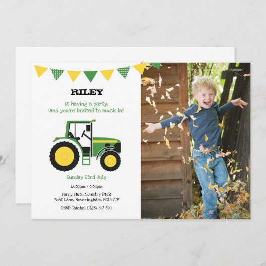 Groene tractor verjaardagsfeestje uitnodigen met f kaart (Voorkant / Achterkant)