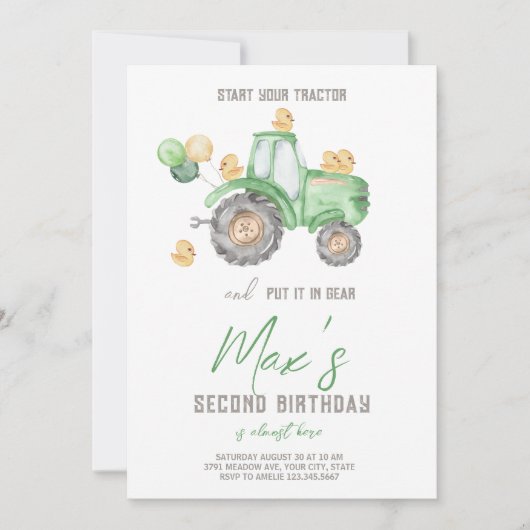 Groene Tractor w / Duckling Thema Verjaardag uitno Kaart (Voorkant)