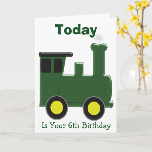 Groene trein gepersonaliseerd 6e verjaardag kaart (Gele Bloem)