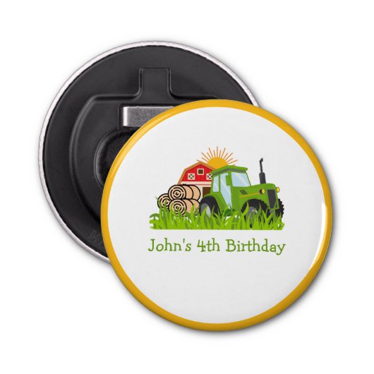 groene trekker | Boerderij Thema Verjaardagsfeest  Button Flesopener (Voorkant)