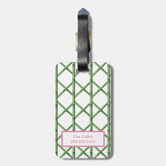 Groene Trellis Bamboe Patroon Monogram Bagagelabel (Achterkant verticaal)