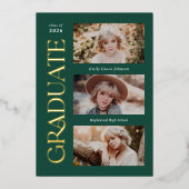 Groene Trendy Serif Meerdere Foto Afstuderen Folie Uitnodiging (Voorkant)
