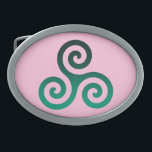 Groene triskele Oude Keltische symbool Pastel Roze Gesp<br><div class="desc">Groen Trisaksymbool. Het symbool Tris of Triskelion bestaat uit drie onderling vergrendelde spiraaltjes of drie armen alsof het vanuit het midden beweegt. Dit Keltische symbool van beweging of actie vertegenwoordigt de drie werelden; de hemelse,  fysieke,  en spirituele.</div>