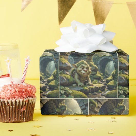 Groene trol onder een stenen brug cadeaupapier (Verjaardagsfeest)