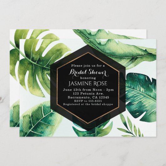 Groene tropische bladeren elegante bruiloft uitnod kaart (Voorkant / Achterkant)
