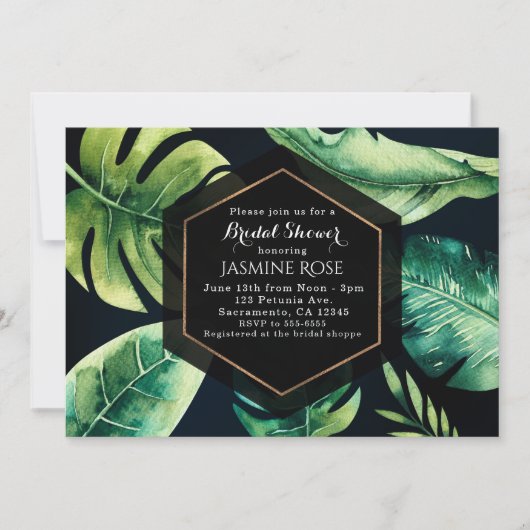 Groene tropische bladeren en zwarte elegante uitno kaart (Voorkant)