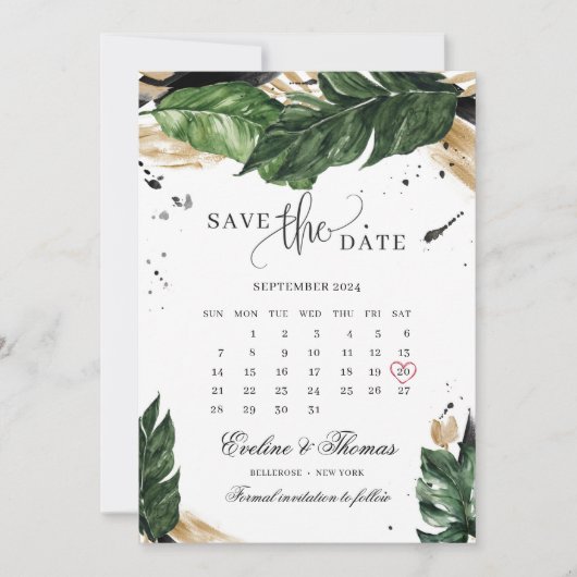 Groene tropische bladeren gouden zomer bruiloft save the date (Voorkant)