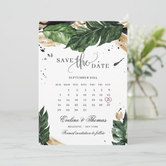 Groene tropische bladeren gouden zomer bruiloft save the date (Staand voorkant)