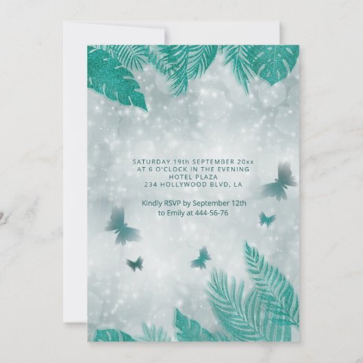 Groene tropische bladeren kleden zoet zestien invi kaart (Achterkant)