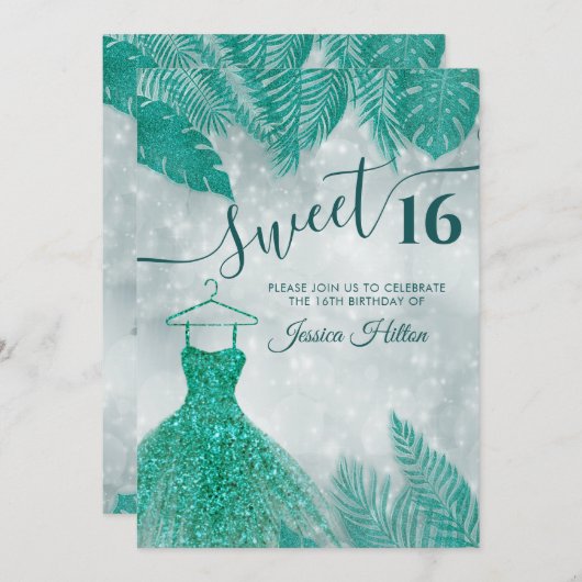 Groene tropische bladeren kleden zoet zestien invi kaart (Voorkant / Achterkant)