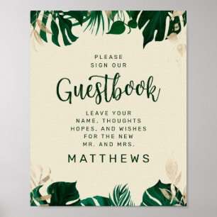 Groene Tropische Bladeren met Gold Guestbook Poster