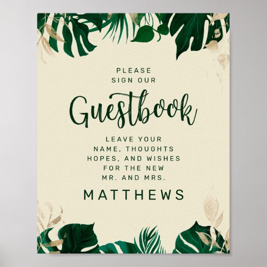 Groene Tropische Bladeren met Gold Guestbook Poster (Voorkant)