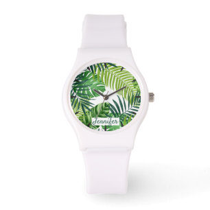 Groene Tropische Bladeren Monogram Horloge