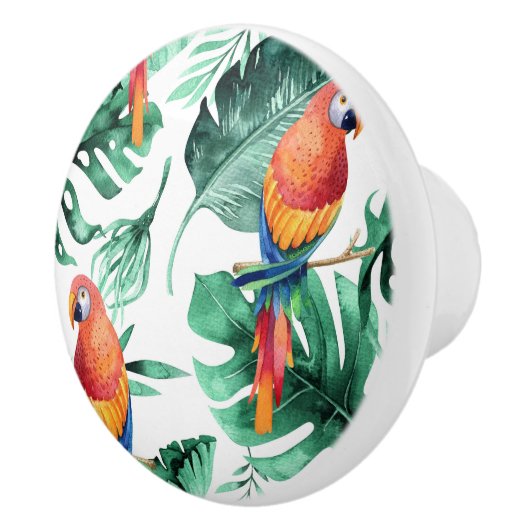 Groene tropische bladeren & papegaaien Summer Isla Keramische Knop (Rechts)