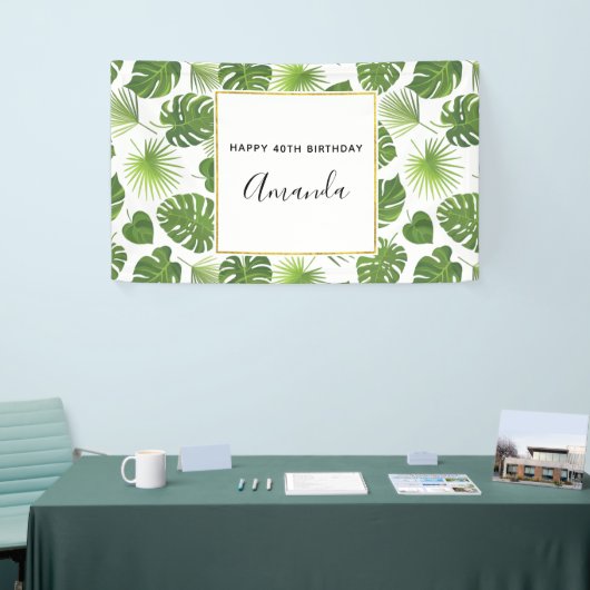 Groene Tropische Bladeren Patroon Fijne verjaardag Spandoek (Beurs)