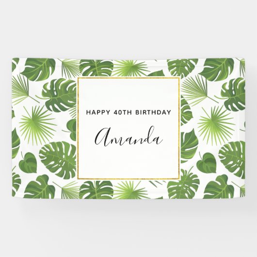 Groene Tropische Bladeren Patroon Fijne verjaardag Spandoek (Horizontaal)