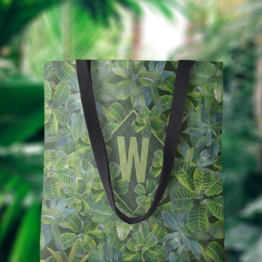 Groene Tropische Bladeren Patroon Monogrammed Canv Tote Bag