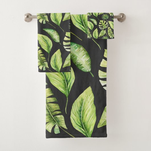 Groene tropische bladeren Patroon zwart, botanisch Bad Handdoek (Insitu)
