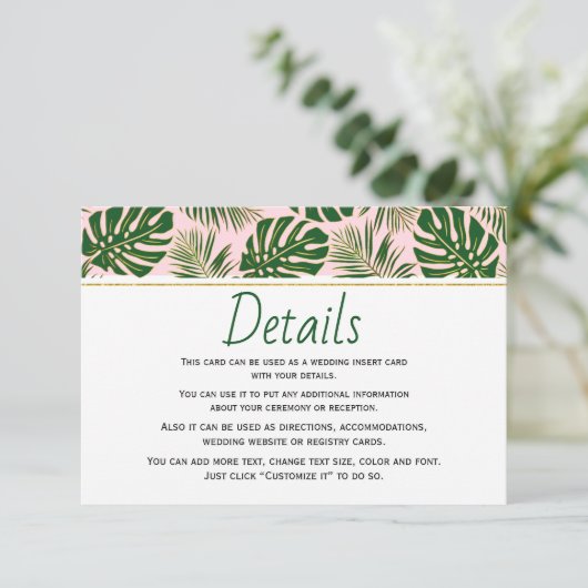 Groene tropische bladeren roze bruiloft insert kaa informatiekaartje (Staand voorkant)