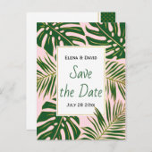 Groene tropische bladeren roze bruiloft Save the D Aankondigingskaart (Voorkant / Achterkant)