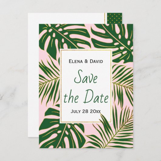 Groene tropische bladeren roze bruiloft Save the D Aankondigingskaart (Voorkant / Achterkant)