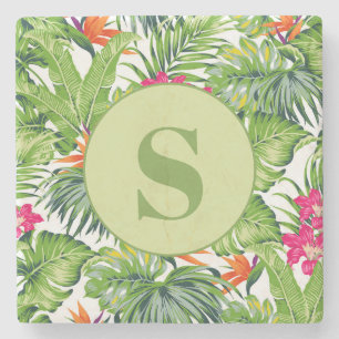 Groene tropische bladeren Roze Floral Monogram Stenen Onderzetter