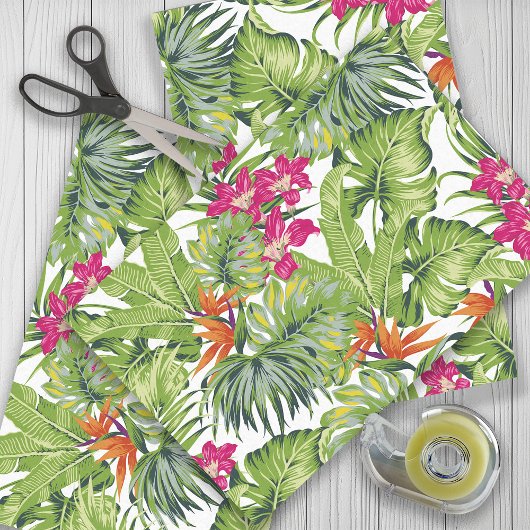 Groene Tropische Bladeren Roze Oranje Bloemen Tissuepapier