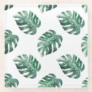 Groene tropische bladeren, waterverf glazen onderzetter