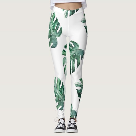 Groene tropische bladeren, waterverf leggings (Voorkant)