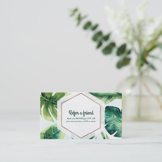 Groene tropische bladeren Wit Elegant Verwijs een  Aanbevelingskaartje (Staand voorkant)