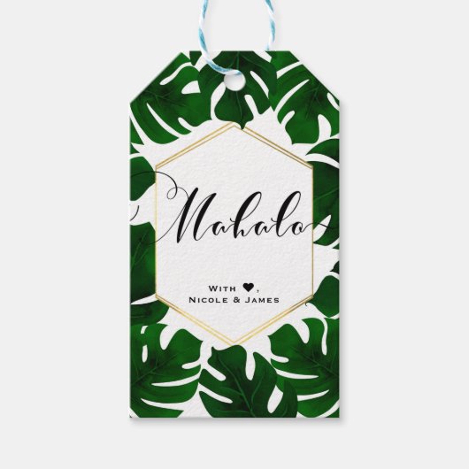 Groene tropische bladeren wit goud chic MAHALO ALO Cadeaulabel (Voorkant)