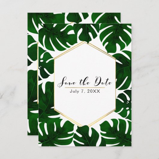 Groene tropische bladeren wit & goud Save the Date Aankondigingskaart (Voorkant / Achterkant)