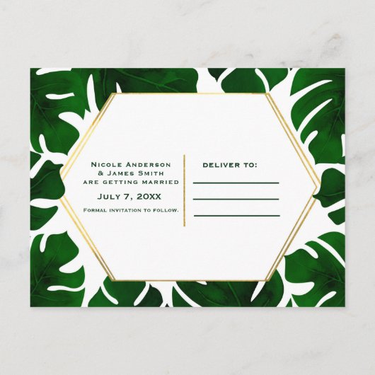 Groene tropische bladeren wit & goud Save the Date Aankondigingskaart (Achterkant)