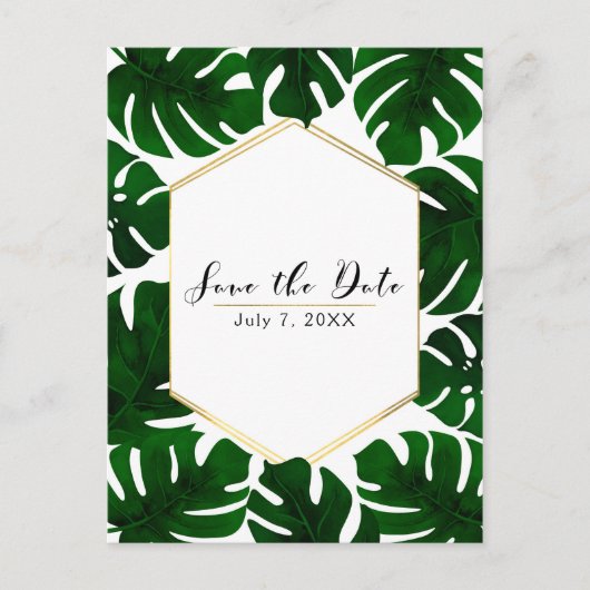 Groene tropische bladeren wit & goud Save the Date Aankondigingskaart (Voorkant)