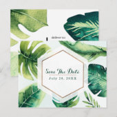 Groene tropische bladeren Witte elegante Save The  Aankondigingskaart (Voorkant / Achterkant)