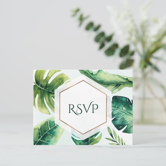 Groene tropische bladeren Witte elegante trouw-RSV Uitnodiging Briefkaart (Staand voorkant)