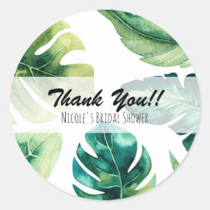 Groene tropische bladeren Witte elegante trouwcade Ronde Sticker