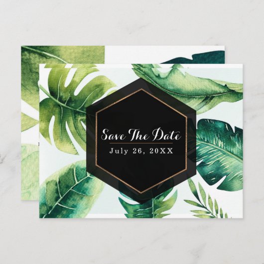 Groene Tropische bladeren Witte legant sparen de D Aankondigingskaart (Voorkant / Achterkant)